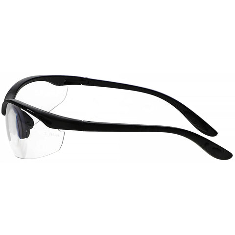 Side view of Magnifying Safety Glasses With UV Protection Z87.1 Frame 1.50 Diopter Lens with black wrap-around frame.