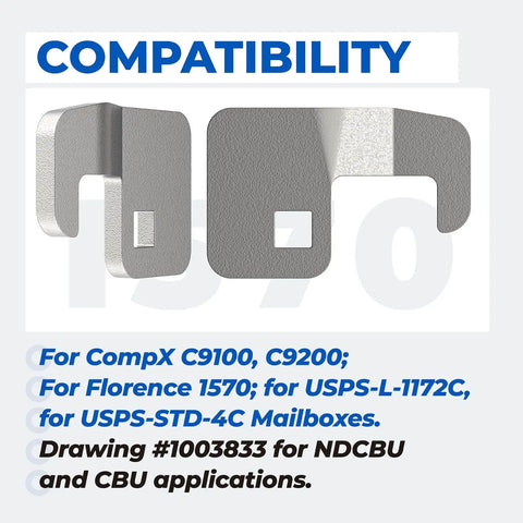 Durable mailbox lock cam replacement for CompX National C9100 C9200, Florence 1570F, USPS L-1172C CBU STD-4C shown in compatibility chart.