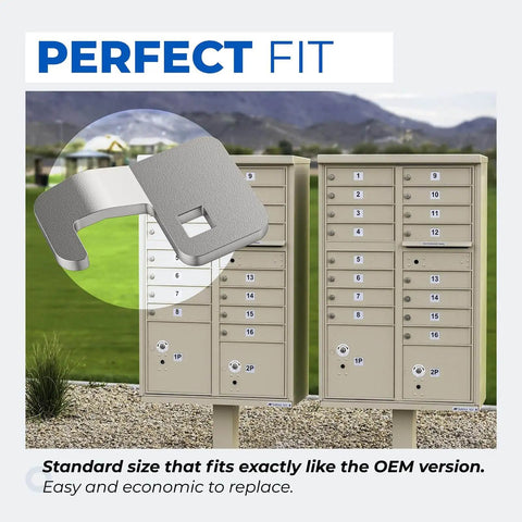 Durable mailbox lock cam replacement with broad compatibility for CompX National C9100 C9200, Florence 1570F Series, and USPS L-1172C CBU STD-4C, shown with mailboxes.