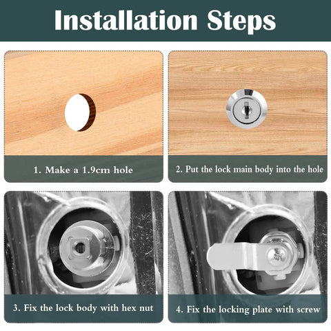 Installation steps for 16mm Mailbox Lock With 4 Keys And 4 Lock Plates Heavy Duty Cam Lever Locks for mailbox cabinet drawer.