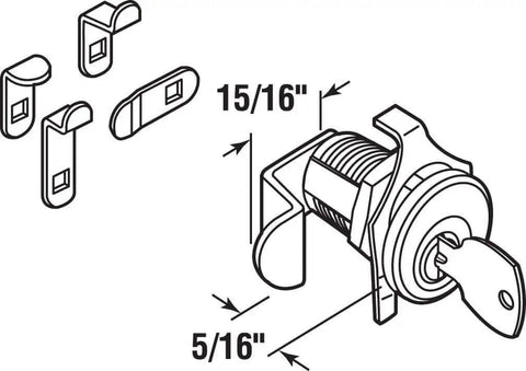 Effortless replacement mailbox lock that fits most brands, with 5 cams and NA-14 keyway, nickel finish, shown with components