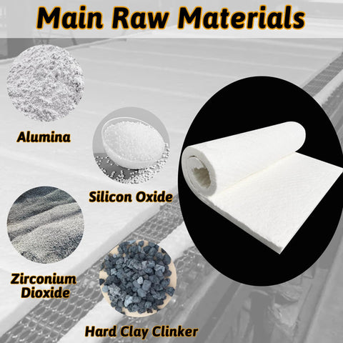 Main raw materials for Ceramic Fiber Insulation Blanket, including Alumina, Silicon Oxide, Zirconium Dioxide, and Hard Clay Clinker.
