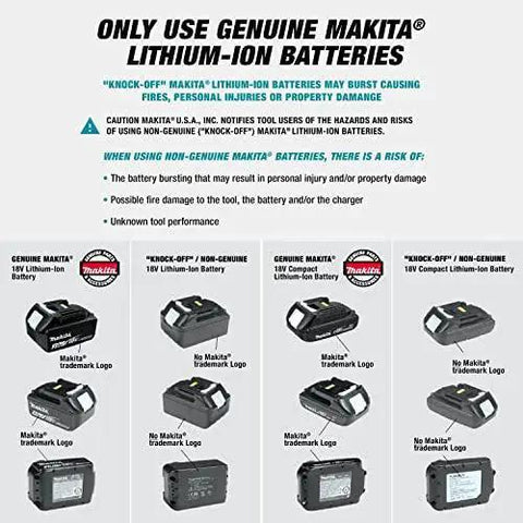 Comparison of genuine Makita lithium-ion batteries and non-genuine alternatives, highlighting risks and safety warnings.