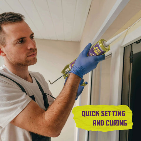 Man applying Black Silicone Sealant Caulk One Hundred Percent RTV Waterproof Flexible Sealant For Indoor Outdoor Use to window frame