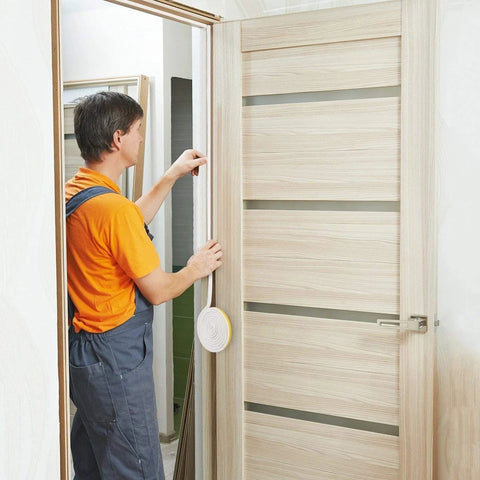 CloudBuyer door and window weather stripping, white self-adhesive rubber seal, 16.5 ft, installed on a light wood door