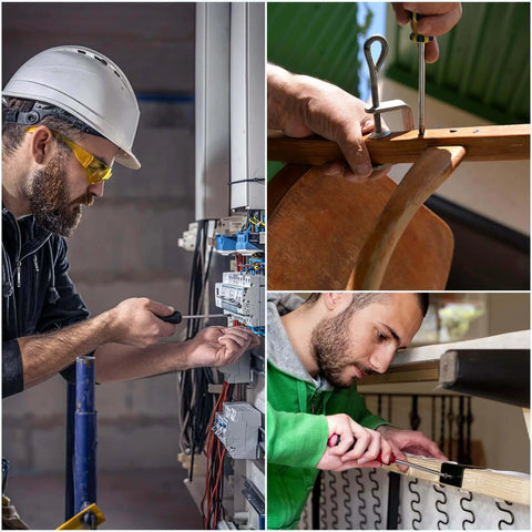 Three workers performing different maintenance tasks, including electrical wiring, furniture assembly, and fabric attachment.