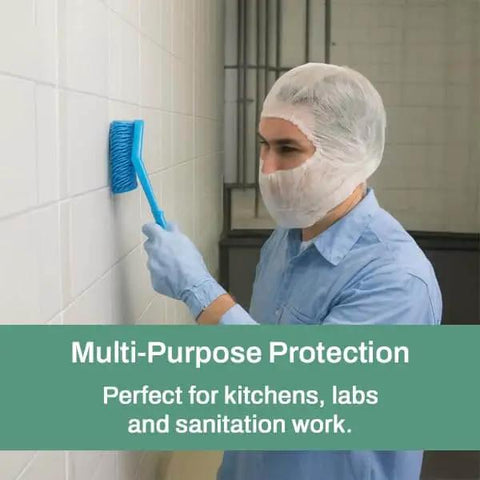 Worker wearing Disposable Bouffant Hood Breathable Polypropylene Hair Cover For Medical Food Processing And Cleanrooms cleaning wall