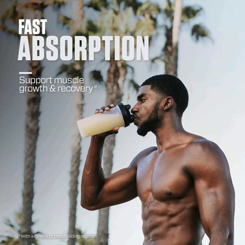 Person drinking a protein shake outdoors with text promoting fast absorption and muscle recovery. Relevant to Hydrolyzed Whey Isolate Protein Powder With 25g Protein And 5.5g BCAAs Per Serving, Gluten Free And Fast Absorbing, Easy Digesting Gourmet Chocolate 3 Pound Canister.