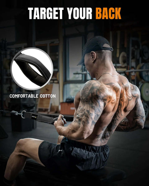 Person using Tricep Rope Cable Attachment Handles For Greater Range Of Motion On Tricep Pushdowns Crunches And Face Pulls at gym.