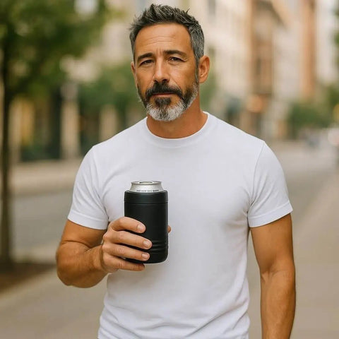Man holding a Custom Engraved Stainless Steel Can Cooler With Name And Date For 12 Oz And 16 Oz Cans Vacuum Insulated, Black