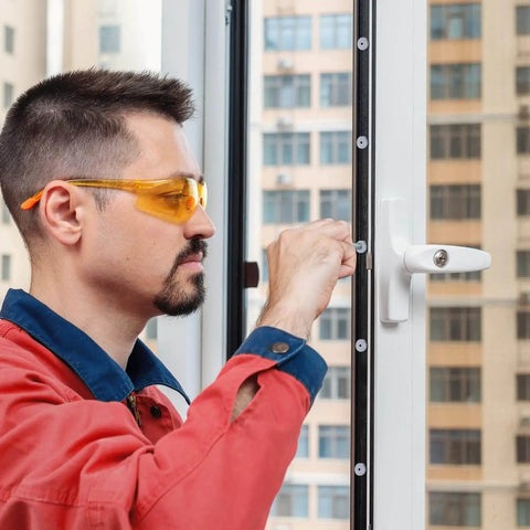 Person installing or adjusting a window handle with tools, wearing safety glasses and red protective clothing, buildings in background
