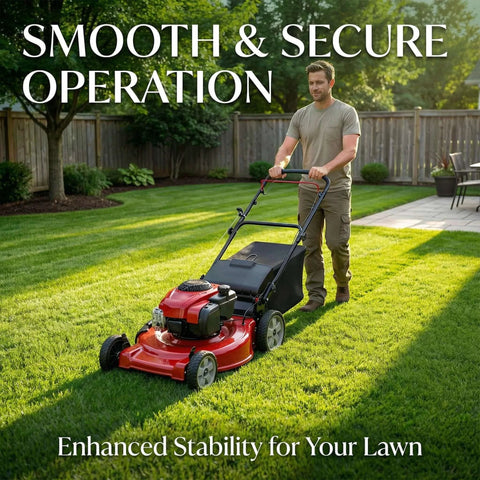 Person using a red lawn mower on a sunny day for smooth and secure operation in a backyard with trees.