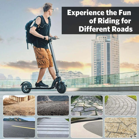 Man riding a city scooter showcasing 2Pack 8.5 Inches Scooter Inner Tube,8.5'' x 2" Inner on various terrains; urban background.