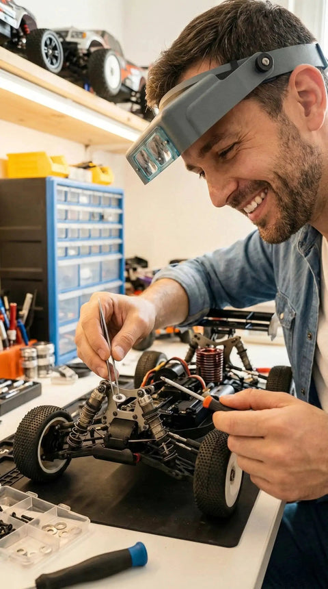Man using Shim Washers Stainless Steel 3x5 Precision Spacer Kit for RC tuning in workshop with RC car