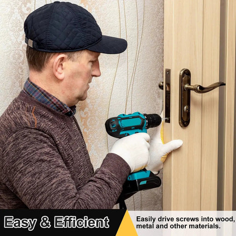 Man using a drill with a Five Piece Ball End Hex Screwdriver Bit Set H3 3mm with quarter inch hex shank for door installation