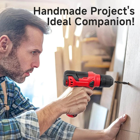 Man using Cordless Drill Set With 132 Piece Home Tool Kit LED Light For DIY Enthusiasts And Home Repairs on wooden board