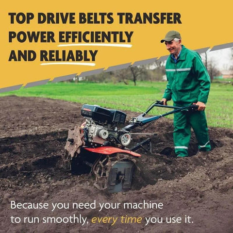Man using tiller, highlighting A43/4L450, A/4L, Classic Wrapped V-Belt, Rubber, 1/2" x 45" in durable agricultural equipment