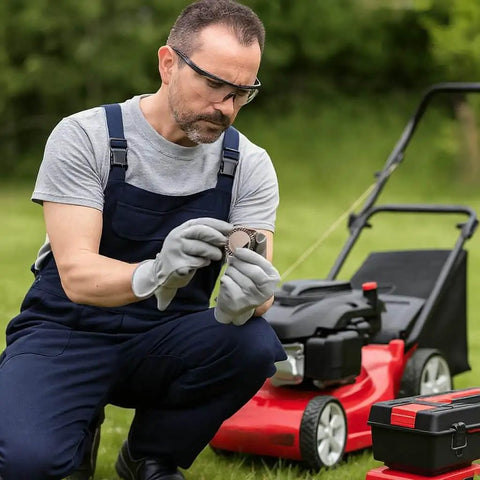 Man examining Two Pack AXK6085 High Precision Thrust Needle Roller Bearings With Washers in front of a lawn mower