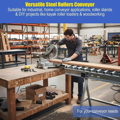 Man using saw with 2 Pack 10 Inch Long Roller and Bracket Set, 1.5 Inch Diameter Galvanized Steel Conveyor Rollers for woodworking