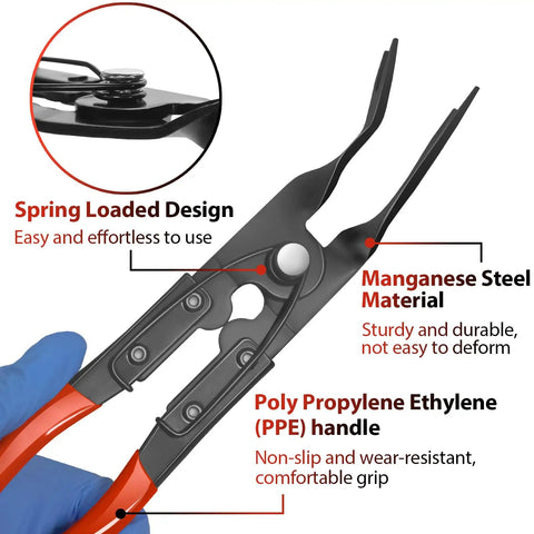 Close-up of Auto Clip Pliers Set And Fastener Remover Kit showing manganese steel material and polypropylene handle.