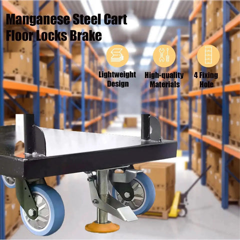 Adjustable Height Floor Lock For Trolleys And Carts, Heavy Duty Brake Lock Made From Manganese Steel, installed on trolley