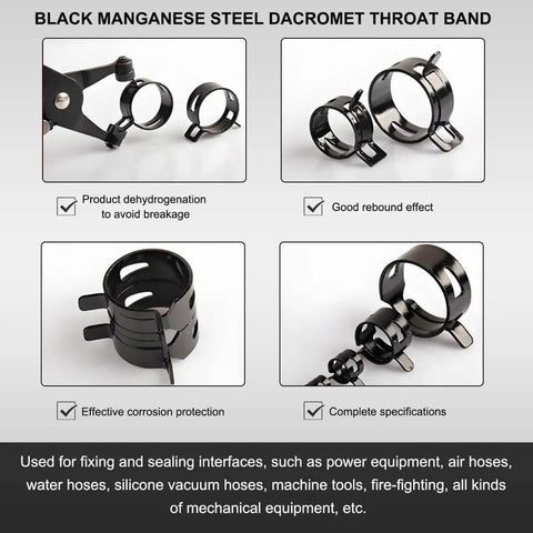 4 views of black manganese steel Dacromet hose clamps showing product features.