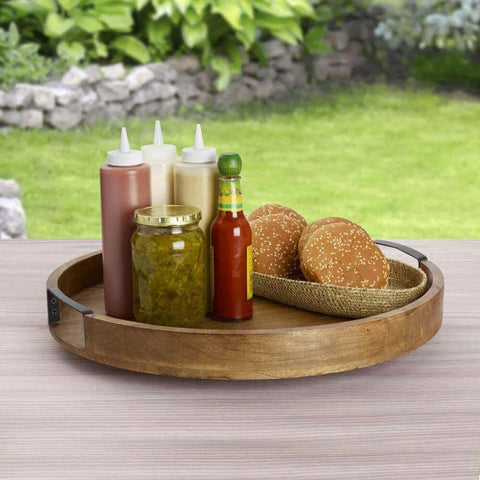 18 inch mango wood lazy susan serving tray with condiments and bread, round rotating centerpiece for dining tables.