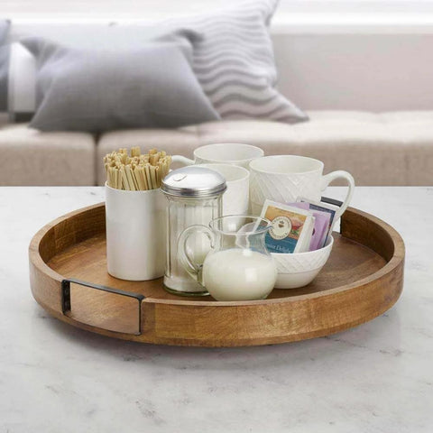 18 inch mango wood lazy susan serving tray with cups and condiments on a table, round rotating centerpiece for dining.
