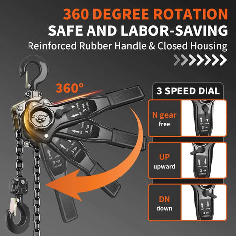 3 Ton Manual Chain Hoist 6600 lb Capacity 10 ft Lift Galvanized Steel Double Pawl Brake 360 Swivel Hook demonstration