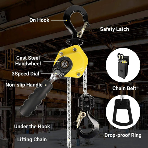 Manual Lever Chain Hoist One Quarter Ton Capacity Portable Come Along With 10 Foot Lift And G80 Chain Hook, labeled parts view