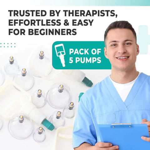 Five Pack Manual Suction Pump For Cupping Therapy Sets with therapist and cupping jars background