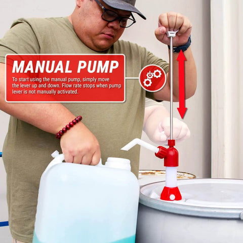 Person using Lift-Action Nylon Chemical-Resistant Drum Pump For 15 To 55 Gallon Barrels with 47.2-Inch hose and stainless plunger rod.