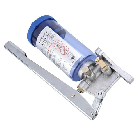 Manual Grease Pump LSG05 Hand Operated Lubricator, 6mm Outlet, 500cc capacity, side view showing aluminum alloy construction