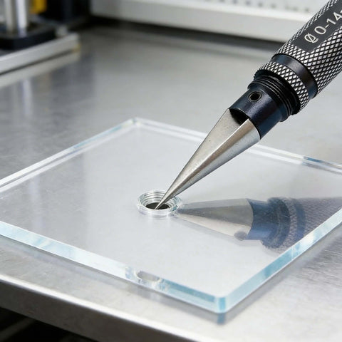 Adjustable 0-14mm Manual Hole Punch Tool For Woodworking And Metalworking, drilling clear material on table, close-up view.