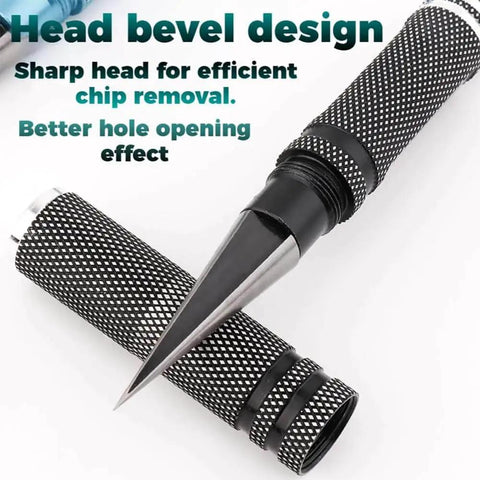 Multipurpose Manual Hole Punch With Adjustable 0 To 14mm Range Reamer Steel Body Hand Drill For Woodworking Metalworking And DIY Projects Tool Box Essential For Model Making Like Gundam Aircraft Car Shells Black Red close-up showing sharp tip and ergonomic grip