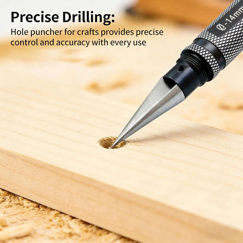 Adjustable 0-14mm Manual Hole Punch Tool For Woodworking And Metalworking, Precise Reamer Drill in use on wood surface, close-up view.