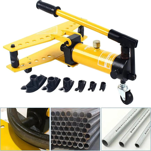 Heavy Duty Manual Hydraulic Pipe Bender with six dies for 22 to 60 mm pipes, 16 ton output, shown with handle and accessories