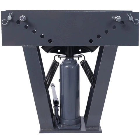 Front view of 16 Ton Manual Hydraulic Pipe Bender With Eight Dies, showing adjustable rollers and steel frame, gray color.