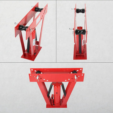 12 Ton Manual Hydraulic Pipe Bender With Six Dies And Adjustable Rollers, steel construction, front and side views.