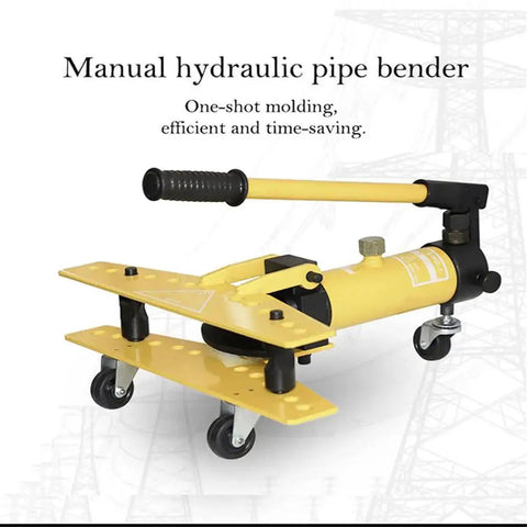 Manual hydraulic pipe bender with compact design, heavy load bearing, durable steel construction for automotive repair use.