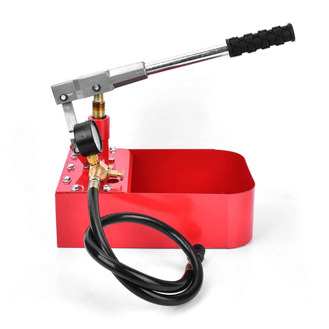 Manual hydraulic pressure test pump, 1000 PSI, with gauge, black hose and red base for pipe valve testing.