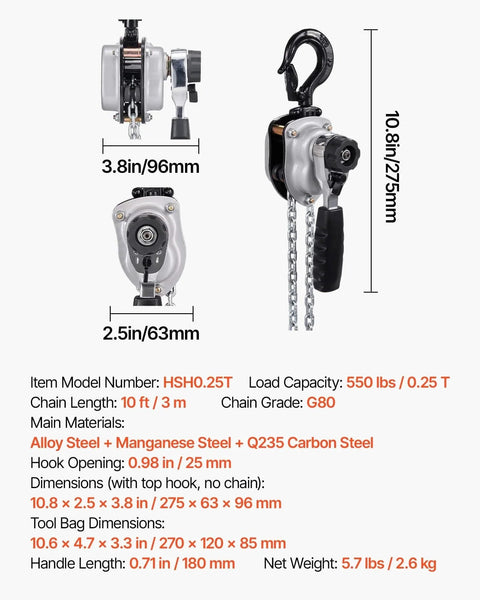Manual Lever Chain Hoist 0.25 Ton Heavy Duty Come Along 10ft G80 Chain dual pawl brake with 360 degree hooks featured