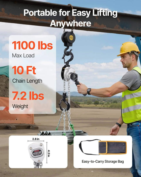 Man using Manual Lever Chain Hoist Half Ton Capacity 1100 Lbs 10 Ft Lift G80 Chain Dual Pawl Brake 360 Degree Hooks For Warehouse