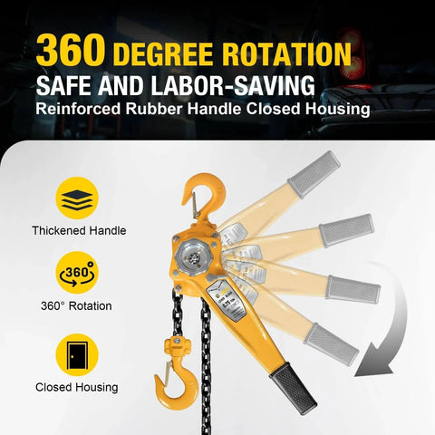 360-degree rotation of 0.75 Ton Manual Lever Chain Hoist With G80 Galvanized Carbon Steel Construction showcasing thickened handle.