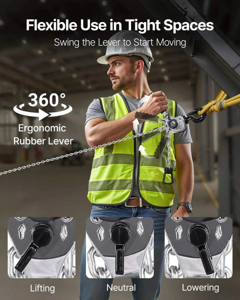 Worker using Manual Lever Chain Hoist Half Ton Capacity 1100 Lbs 10 Ft Lift G80 Chain Dual Pawl Brake 360 Degree Hooks For Warehouse