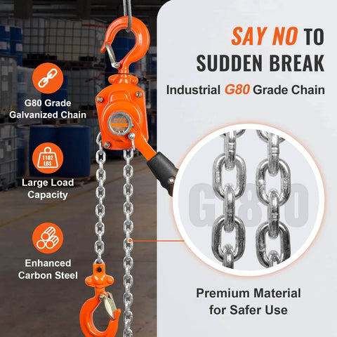Manual Lever Chain Hoist 1/2 Ton 1100 Lbs Capacity 5 Ft Come Along G80 Galvanized Dual Pawl Brake and 360 Degree Hook details