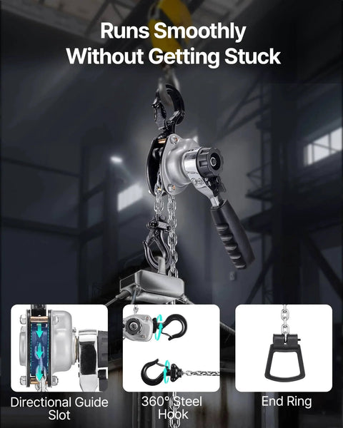 Manual Lever Chain Hoist Half Ton Capacity 1100 Lbs 10 Ft Lift G80 Chain Dual Pawl Brake 360 Degree Hooks For Warehouse, guide slot, steel hook, end ring.