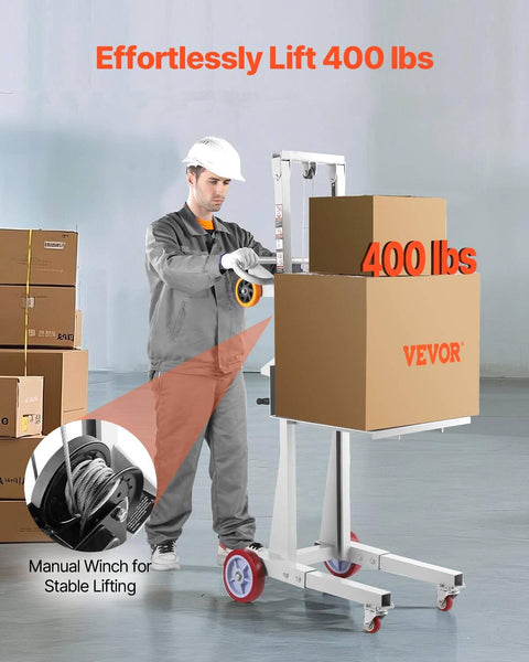 Material Lift Winch Stacker For Warehouse Use 400 Lb Capacity Pallet Truck Dolly 51.1 Inch Max Lift Height Manual Winch Stacker With Wheels And Adjustable Plate lifting boxes