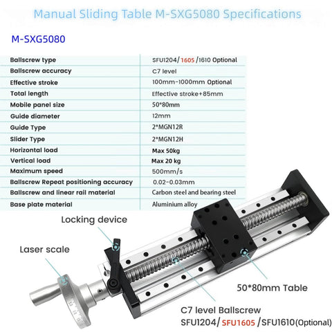 Manual linear stage 80mm motion sliding table double rail guide ballscrew slide with handwheel ruler for CNC engraver