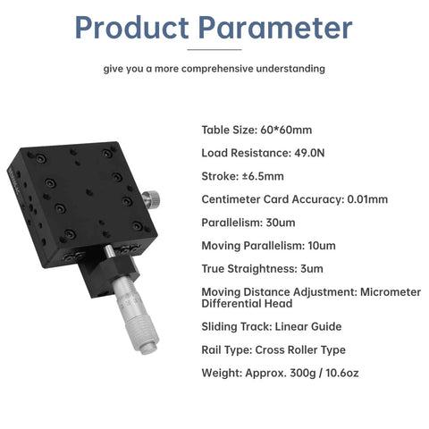 Manual Linear Stage Cross Roller X Axis Micrometer Fine Tuning Slide Table 60x60mm shown with product specifications and parameters
